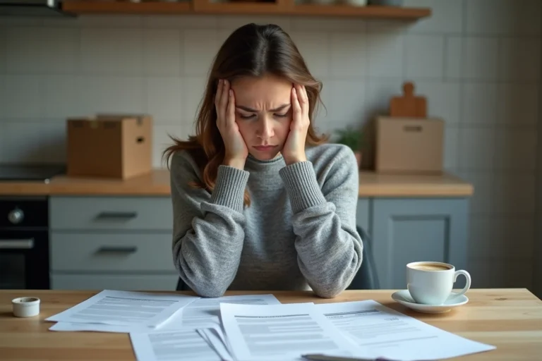 Femme stressée relisant ses documents immobiliers dans un appartement récemment acheté avec des cartons en arrière-plan