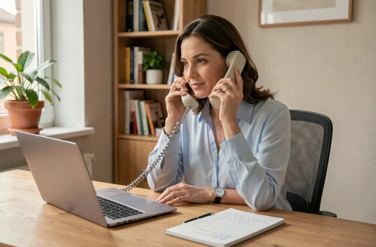 Femme contactant le service client CDC Habitat par téléphone depuis son bureau à domicile