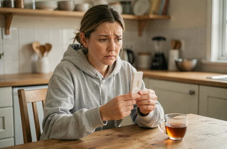 Femme tenant un test antigénique COVID à la maison, illustrant la période de contagion et d'isolement en 2026