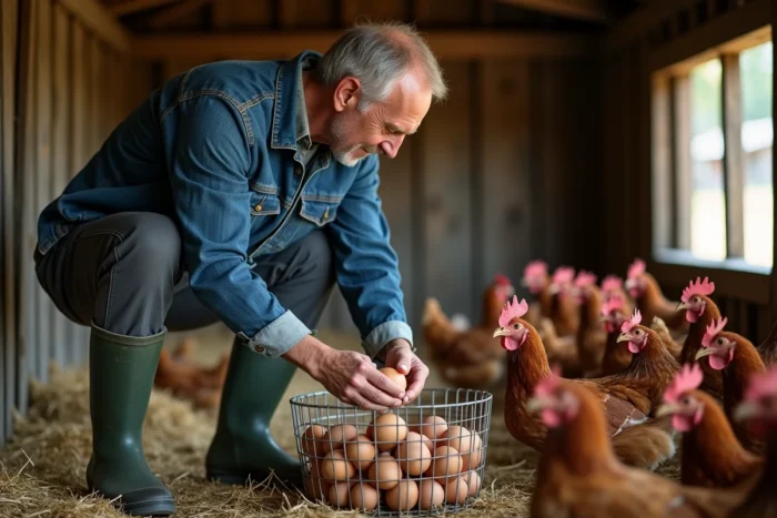 Fermier américain ramassant des œufs frais dans un poulailler rural, illustrant la chaîne de production des œufs aux États-Unis