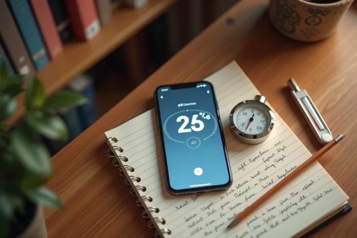 Vue de dessus d'un bureau avec un iPhone affichant une application thermomètre, un thermomètre numérique et un carnet de notes manuscrites