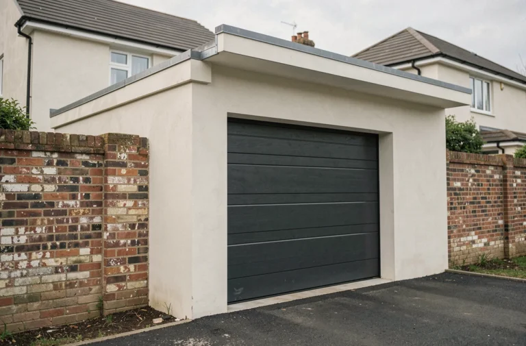 Garage en limite de propriété construit contre un mur mitoyen en brique dans un quartier résidentiel