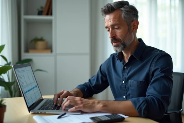 Un homme gère son budget services à domicile avec le CESU préfinancé sur son ordinateur portable