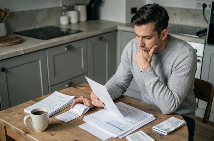 Hombre consultando su extracto bancario y su talonario para gestionar un cheque diferido