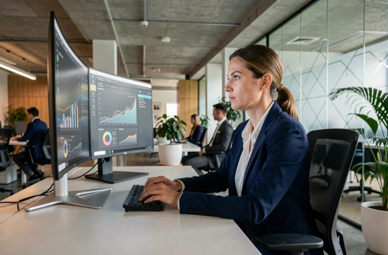 Femme professionnelle analysant des tableaux de bord numériques pour optimiser la gestion d'entreprise dans un bureau moderne à Bruxelles