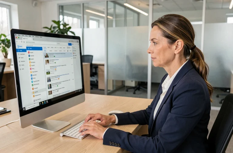 Professionnelle gérant sa messagerie email sur un ordinateur de bureau dans un bureau moderne