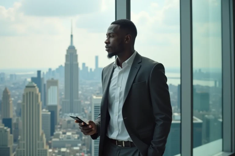 Jeune homme d'affaires prospère en costume dans un bureau moderne avec vue sur la ville, illustrant la fortune et le succès financier de GMK