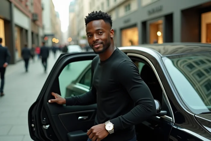 Homme influent et fortuné sortant d'une voiture de luxe dans un quartier urbain haut de gamme, évoquant la richesse et le succès de GMK