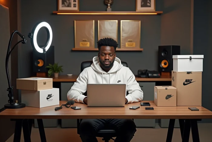 Créateur de contenu africain dans son studio à domicile entouré de sources de revenus numériques et de merchandising, symbolisant les revenus de GMK