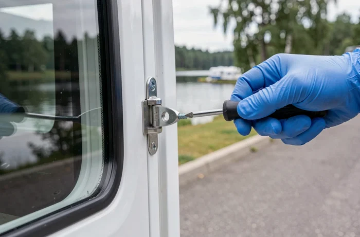 Close-up da instalação de um novo compasso de janela de camper com uma chave de fenda e uma luva azul
