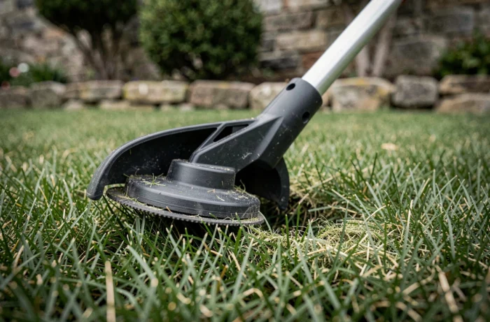 Close-up of the cutting head of an electric trimmer placed on the grass at the edge of a garden