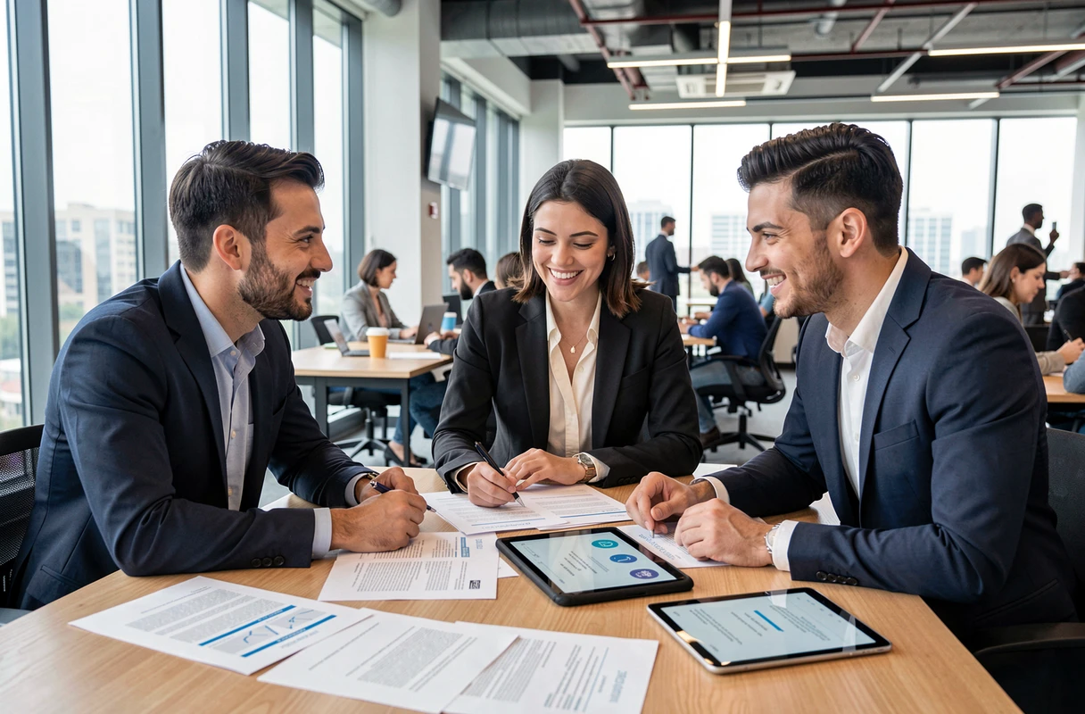 Group of young professionals collaborating on job search strategies in a coworking space