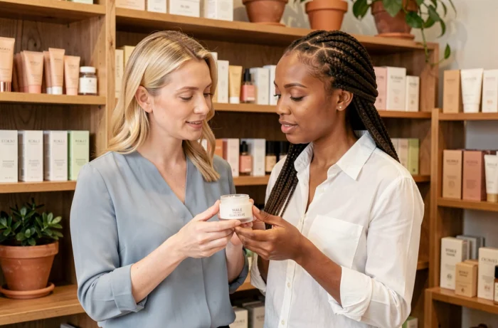 Zwei Frauen entdecken und vergleichen Beauty-Produkte vor einem Kosmetikregal in einem minimalistischen Beauty-Studio