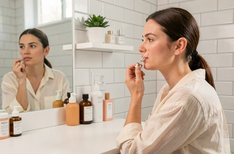 Jeune femme appliquant un sérum de soin sur son visage devant un miroir dans une salle de bain minimaliste scandinave