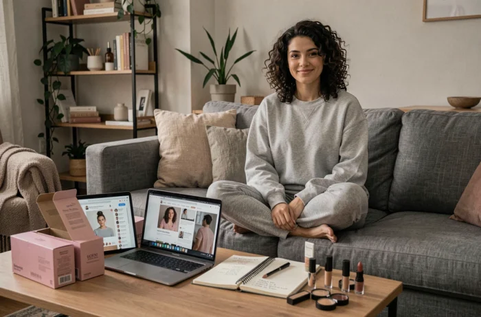 Frau, die Beauty-Produkte testet, sitzt auf einem Sofa umgeben von Kosmetika und einem Laptop, der einen Beauty-Blog anzeigt