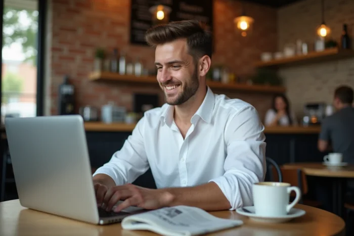 Homme consultant des sources d'actualité financière sur un ordinateur portable dans un café urbain