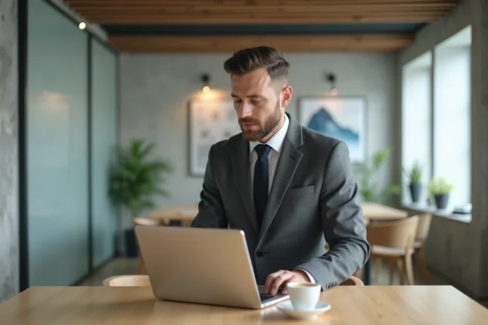 Homme d'affaires consultant des données analytiques sur un ordinateur portable dans un espace de travail minimaliste et moderne, symbolisant les stratégies business de 2024