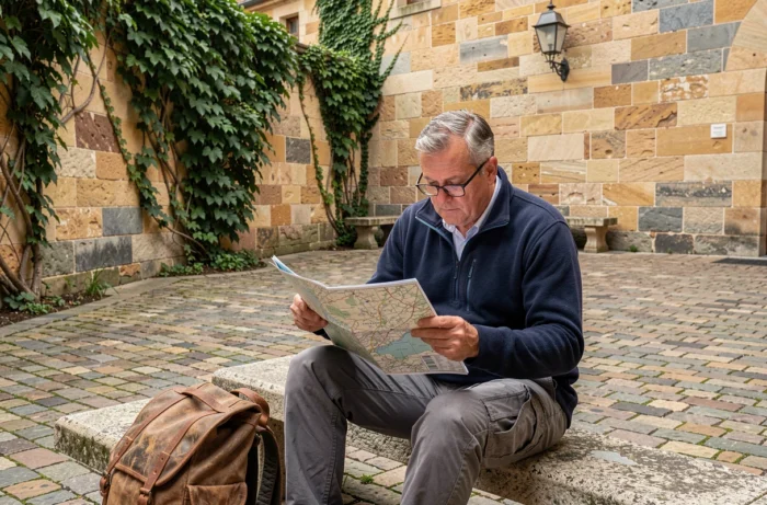 Homme assis sur un banc en pierre consultant une carte papier de La Petite Pierre dans une cour fortifiée alsacienne