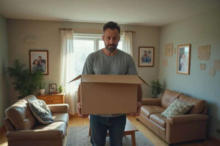 Homme qui fait ses cartons dans un salon à moitié vide après une séparation, illustrant les conséquences concrètes du divorce et de la rupture conjugale
