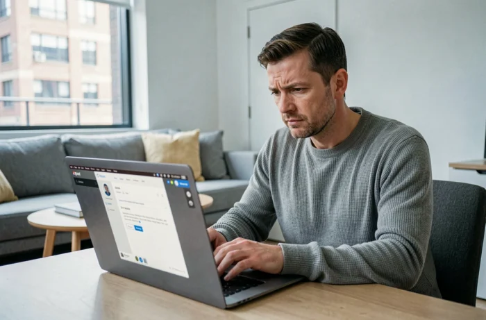 Homme envoyant un email au service client CDC Habitat depuis son appartement