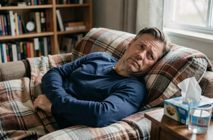 Homme fatigué allongé sur un canapé pendant une période d'isolement COVID, symptômes et contagion