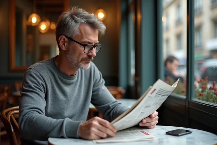 Homme lisant un journal et suivant l'actualité dans un café parisien