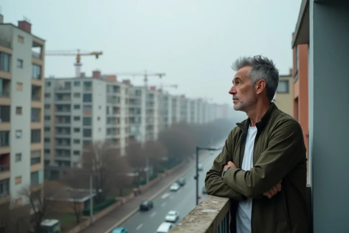 Denkende man op het balkon van zijn nieuwe appartement kijkt naar een teleurstellende stadswijk