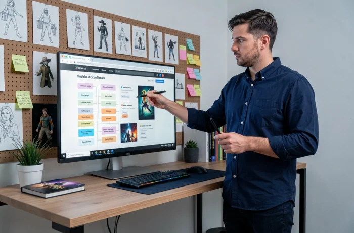 Homme debout devant un écran affichant le plan du site d'un portail de séries animées dans un bureau créatif à domicile