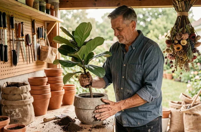 Homme qui rempote une plante verte dans un atelier de jardinage en bois avec des outils et des pots en terre cuite