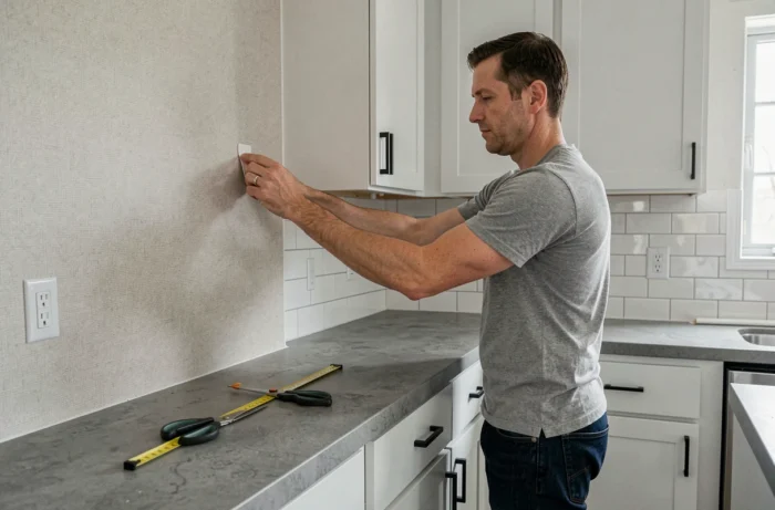 Man die een zelfklevend behang aanbrengt in een moderne keuken tijdens een doe-het-zelf renovatie