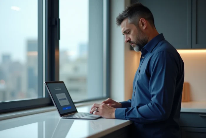 Homme consultant son compte Huawei ID sur une tablette dans un appartement moderne en ville