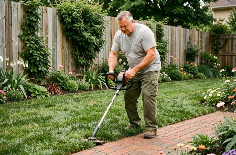 Homme utilisant un taille-bordure électrique pour délimiter une allée de jardin en briques rouges