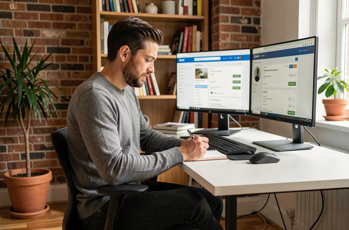Man working remotely searching for job offers online from his home office