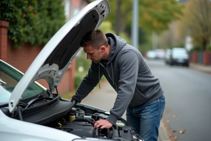 Homme inspectant le moteur d'une voiture d'occasion avant achat dans une rue résidentielle