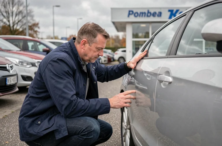 Un homme inspecte attentivement une voiture d'occasion dans un parking de concessionnaire en Belgique