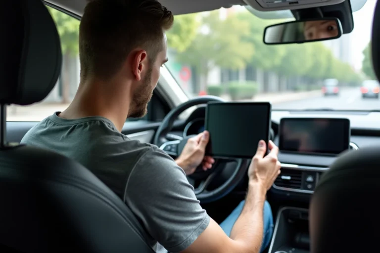 Homme installant une tablette Android sur le tableau de bord d'une voiture pour utiliser Android Auto ou CarPlay