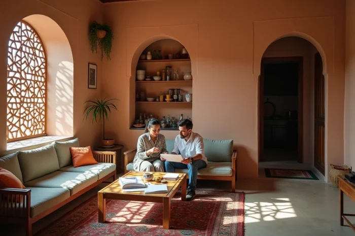 Intérieur d'un appartement riad à Essaouira avec couple discutant d'un contrat de location longue durée entre particuliers