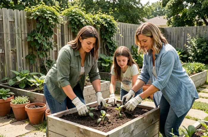 Famille qui jardine ensemble dans le potager du jardin, plantant des légumes lors d'un loisir en plein air