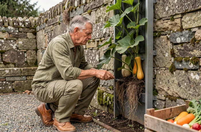 Jardinier inspectant les racines d'un plan de butternut cultivé verticalement contre un mur en pierre