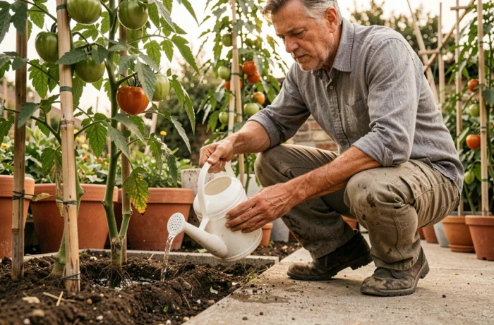 Jardinier arrosant la base d'un plant de tomate avec une solution de bicarbonate de soude