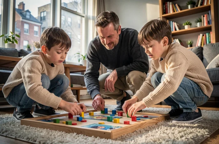 Père et enfants jouant à un jeu de société sur le sol du salon lors d'un moment de loisir en famille