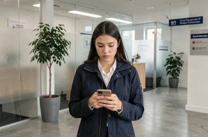 Jeune femme consultant les coordonnées du service client CDC Habitat sur son téléphone dans un hall d'immeuble