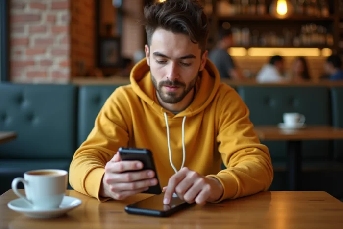 Jeune personne utilisant l'AppGallery Huawei dans un café pour découvrir les fonctionnalités du Huawei ID