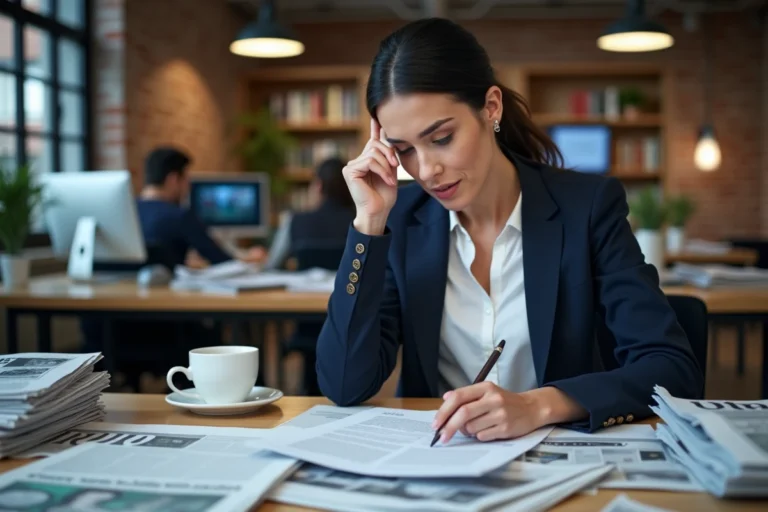 Journaliste femme analysant des documents d'actualité dans une salle de rédaction moderne