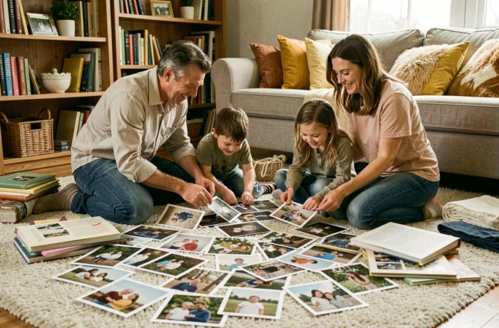 Une famille de quatre personnes assise sur le sol du salon, entourée de photos imprimées et d'albums, triant ensemble des souvenirs photographiques