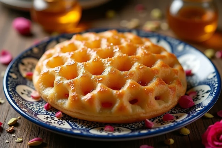 Khaliya al nahl dorée sur assiette artisanale marocaine avec miel et pistaches