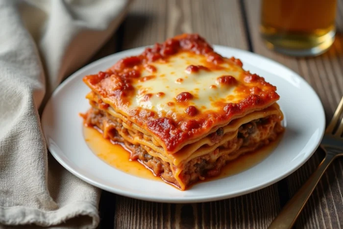 Portion de lasagnes réchauffées servie sur une assiette blanche avec une croûte dorée et moelleuse