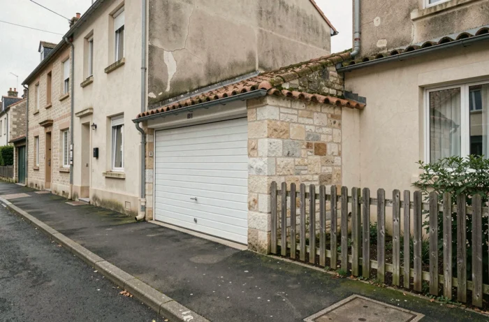 Mur mitoyen entre deux maisons avec garage en limite de propriété visible depuis la rue