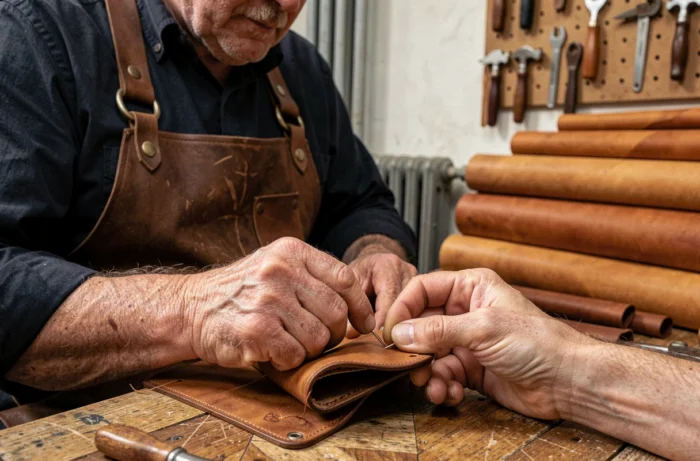 Maroquinier parisien cousant à la main un portefeuille en cuir végétal dans un atelier traditionnel