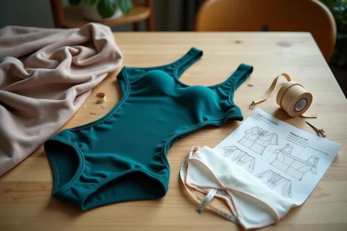 Flat lay des matériaux nécessaires pour créer un maillot de bain menstruel : tissu imperméable, doublure absorbante, élastique et patron de couture
